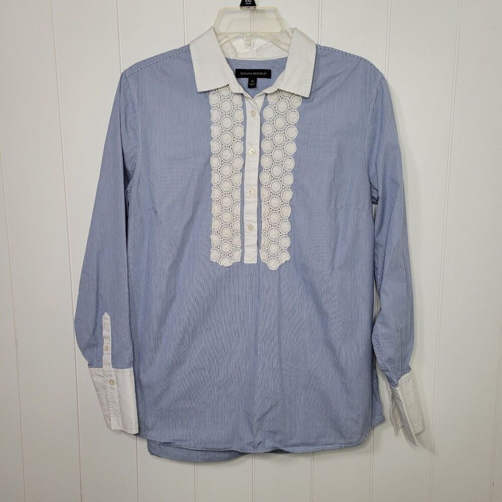 Banana Republic Top Womens Medium Embroidered Striped Popover Minimalist
